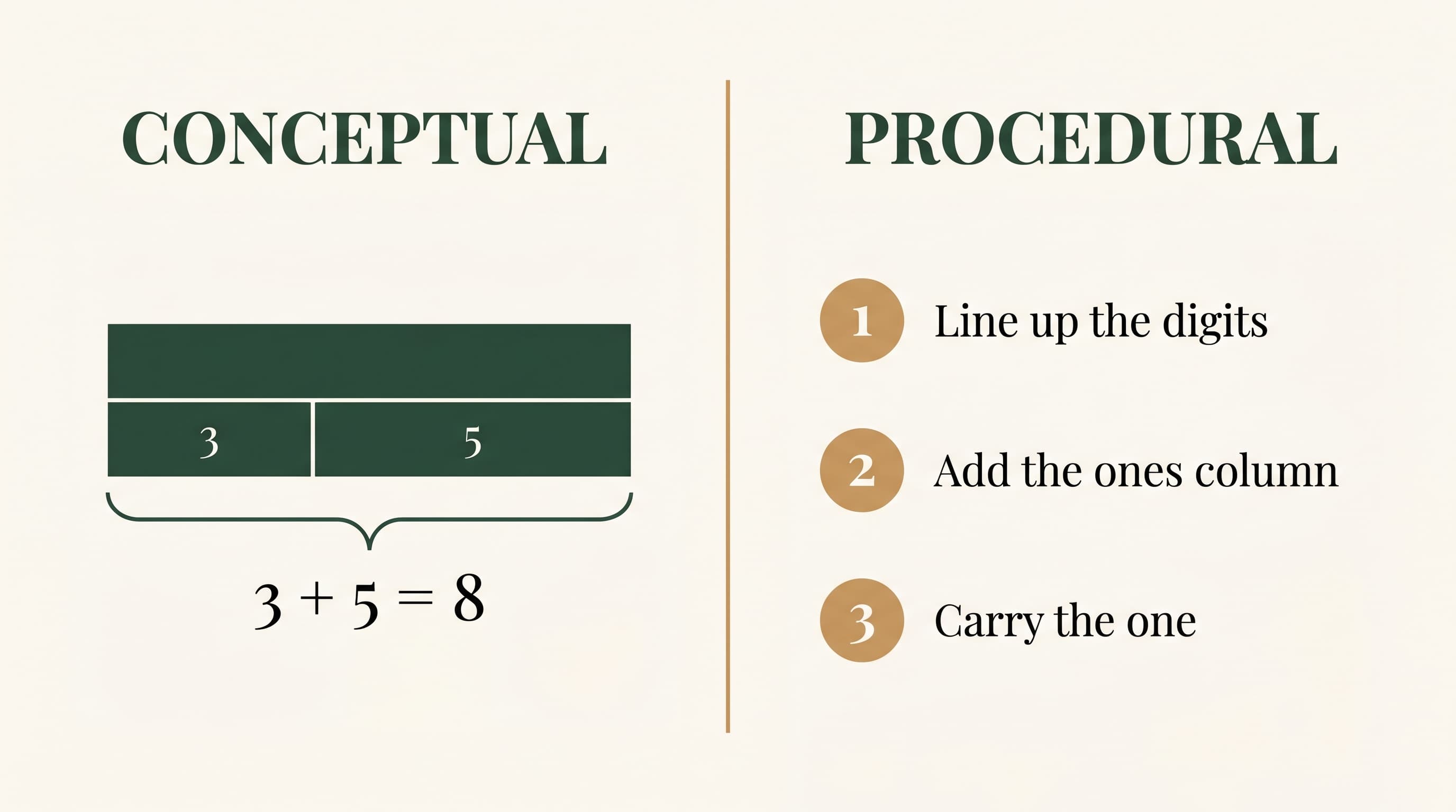 Diagram comparing conceptual and procedural approaches to homeschool math. Left side, Conceptual: a bar model splitting a whole bar into segments labeled 3 and 5, with a brace beneath pointing to the equation 3 + 5 = 8 — emphasizing visual understanding. Right side, Procedural: a numbered three-step list — Line up the digits, Add the ones column, Carry the one — emphasizing the recipe to get the answer.